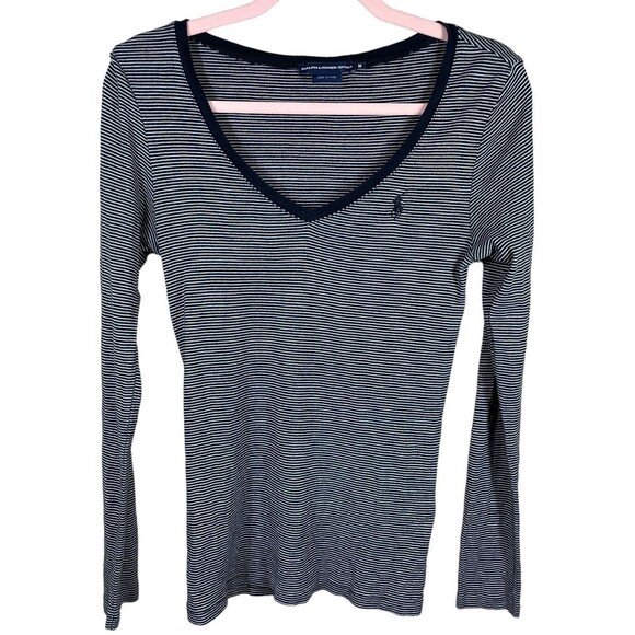 Ralph Lauren Sport Women's Striped Long Sleeve‎ Shirt V-Neck Size Medium Navy - Picture 1 of 10